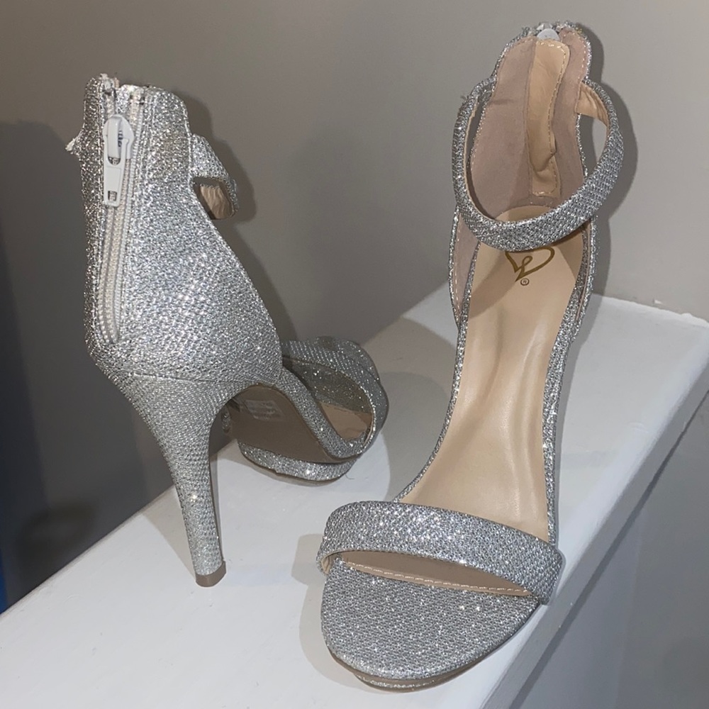 Silver glitter open-toe heels